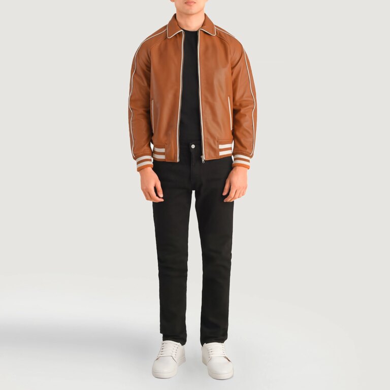 Mens Cooper Tan Brown Leather Varsity Jacket Full Length-2-1704123674884